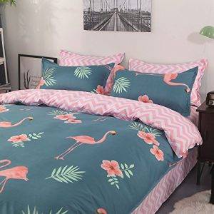 Flamingo Floral Duvet Bedding Set Oxford Blue and Pink