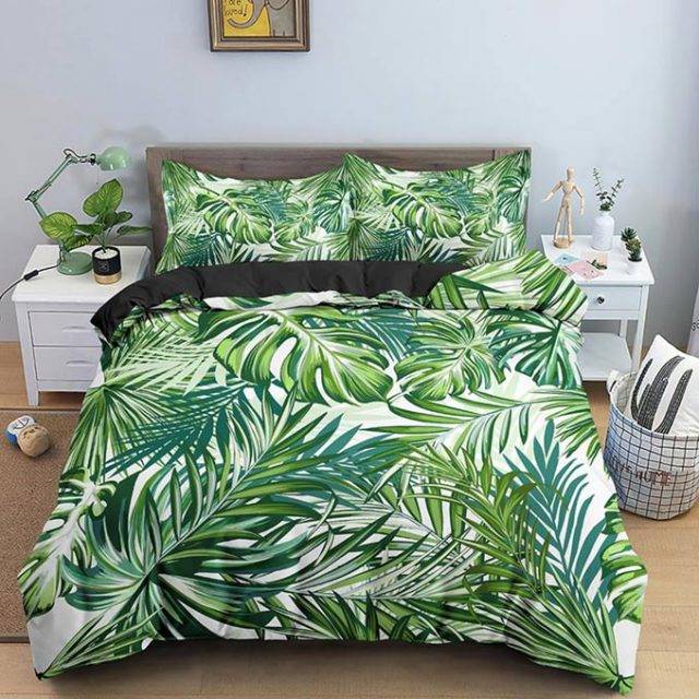 Tropical Leaf Botanical Duvet Quilt Cover & Pillow Case Bedding Set Green White 