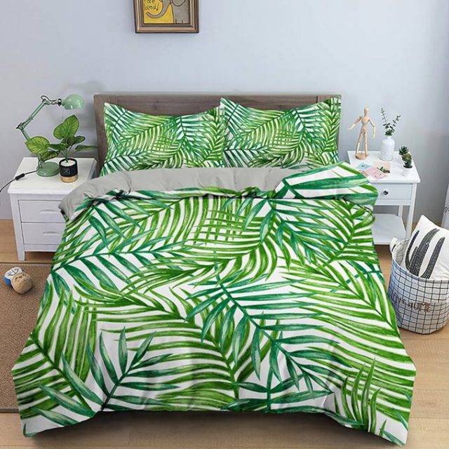botanical bedding set with palm leaf pattern