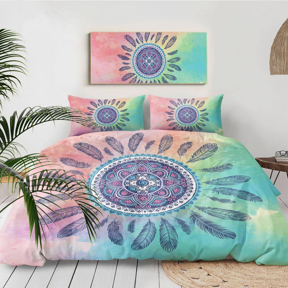 Mandala Pink and Blue Duvet Cover Boho Bed Set