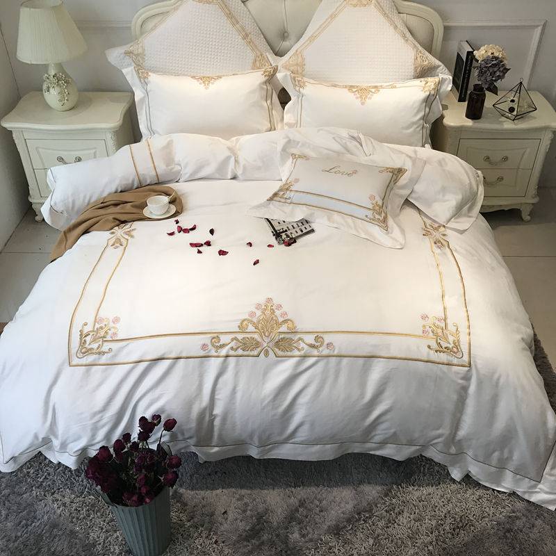 Emira White and Gold Luxury Embroidered Bedding Set