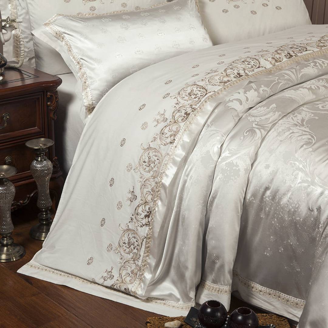 Silver Satin Embroidered Duvet Cover Luxury Bedding Set