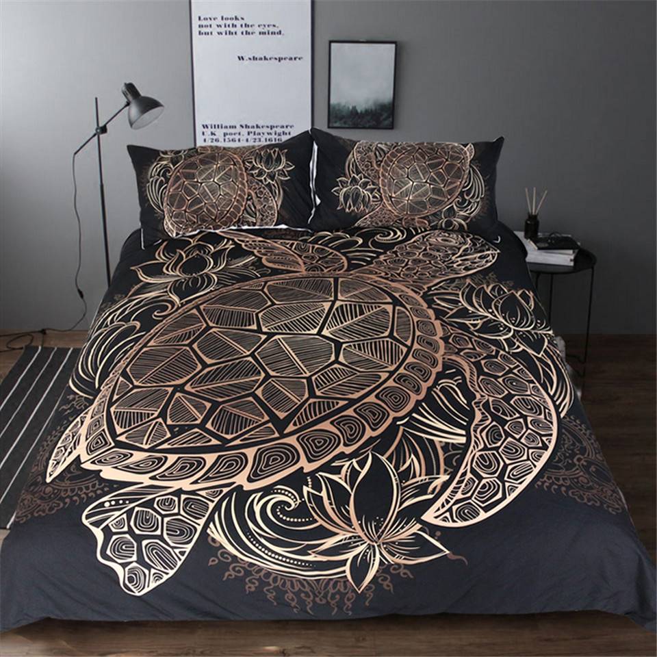 Polynesian Turtle Duvet Cover Bedding Set Gold and Black