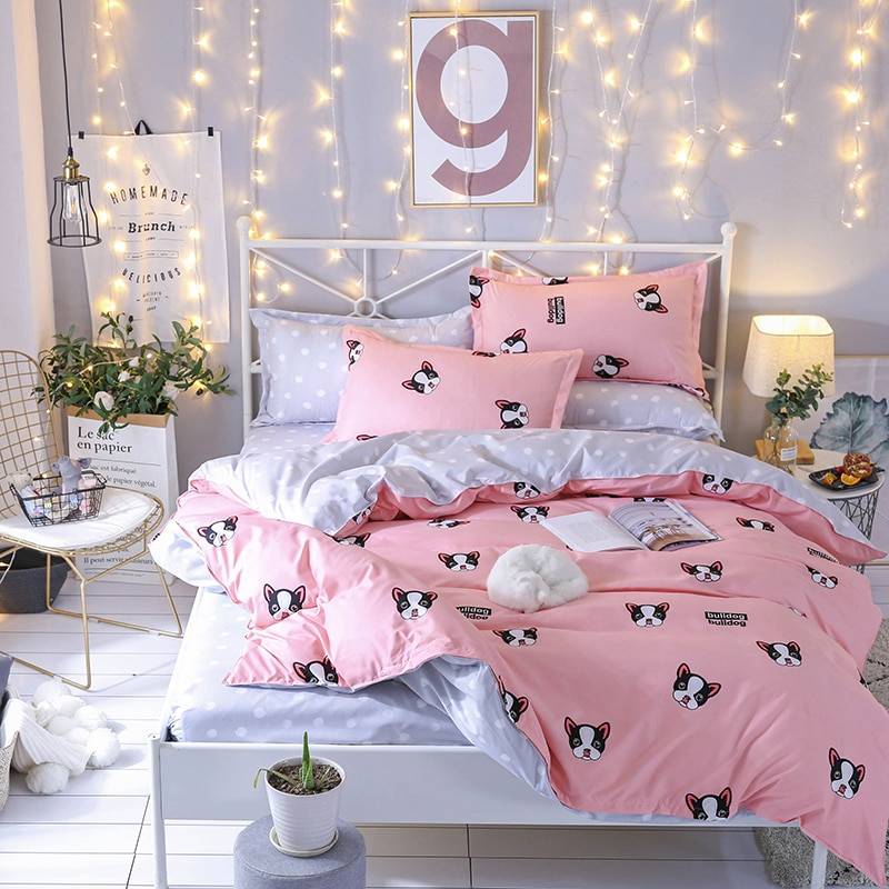 Pink French Bulldog Duvet Cover Bed Set