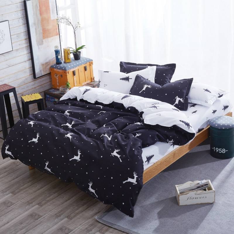 Cartoon Christmas Tree Elk Bedclothes Simple Fashion Geometric Stripes Bed Sheet Duvet Cover Sets 3/4pcs Bedding Set