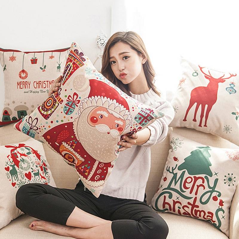 Xmas Style Cotton Linen Cushion Cover Merry Christmas Santa Claus Home safa Decorative Pillows Cover Nordic Happy New Year Gift