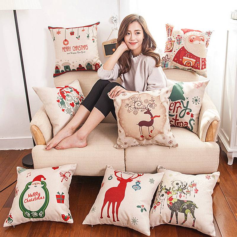 Xmas Style Cotton Linen Cushion Cover Merry Christmas Santa Claus Home safa Decorative Pillows Cover Nordic Happy New Year Gift