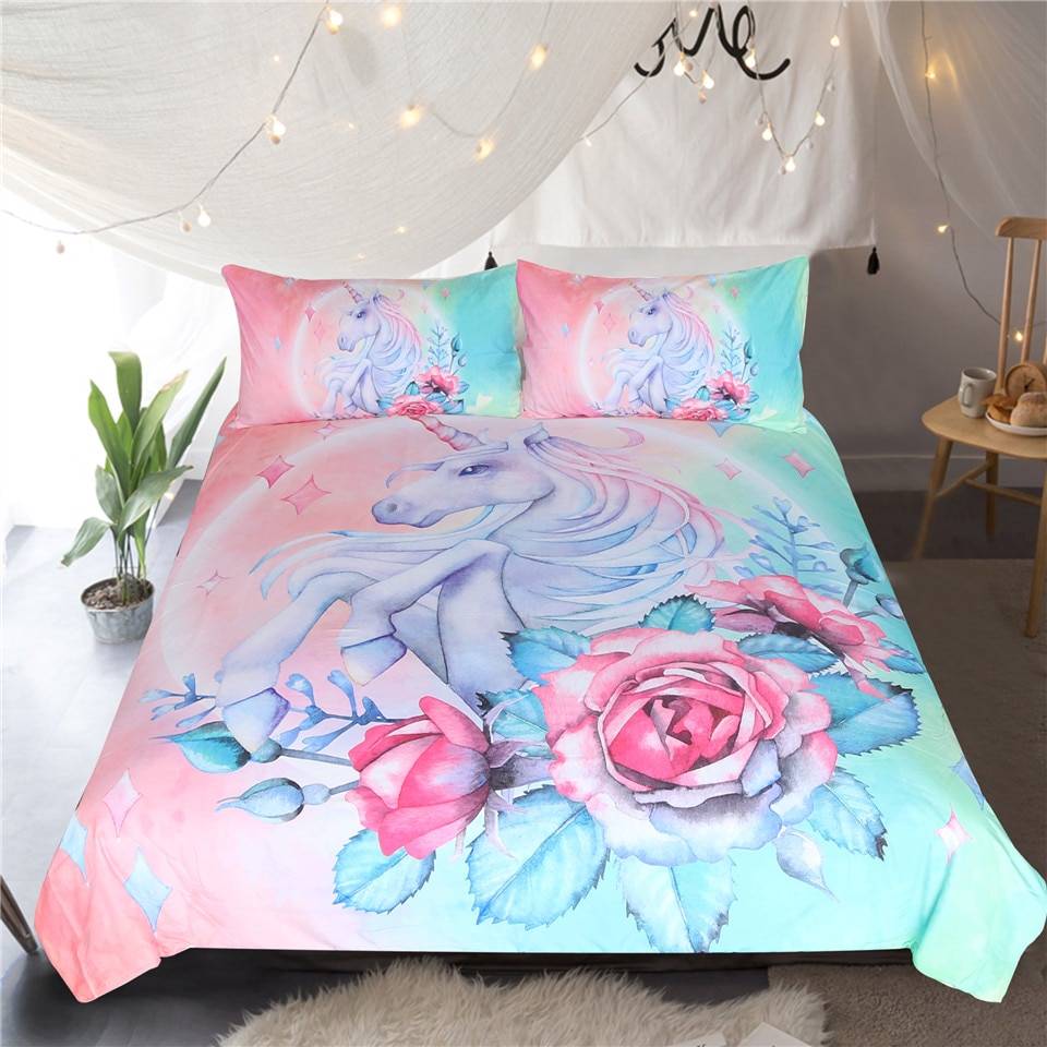 BeddingOutlet Unicorn and Rose Bedding Set Cartoon for Kids Duvet Cover Girly Single Bed Set Pink and Blue Floral Home Textiles