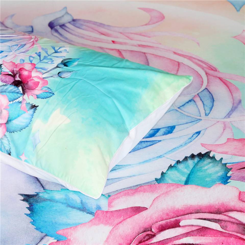 BeddingOutlet Unicorn and Rose Bedding Set Cartoon for Kids Duvet Cover Girly Single Bed Set Pink and Blue Floral Home Textiles