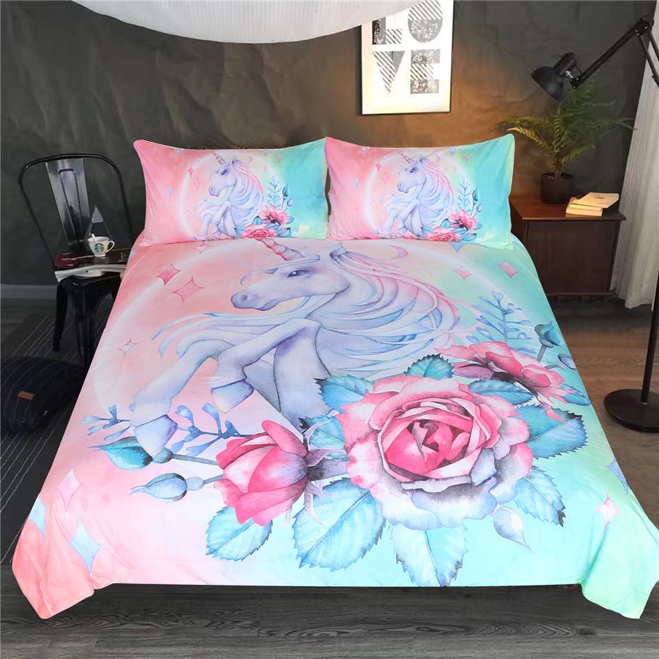BeddingOutlet Unicorn and Rose Bedding Set Cartoon for Kids Duvet Cover Girly Single Bed Set Pink and Blue Floral Home Textiles