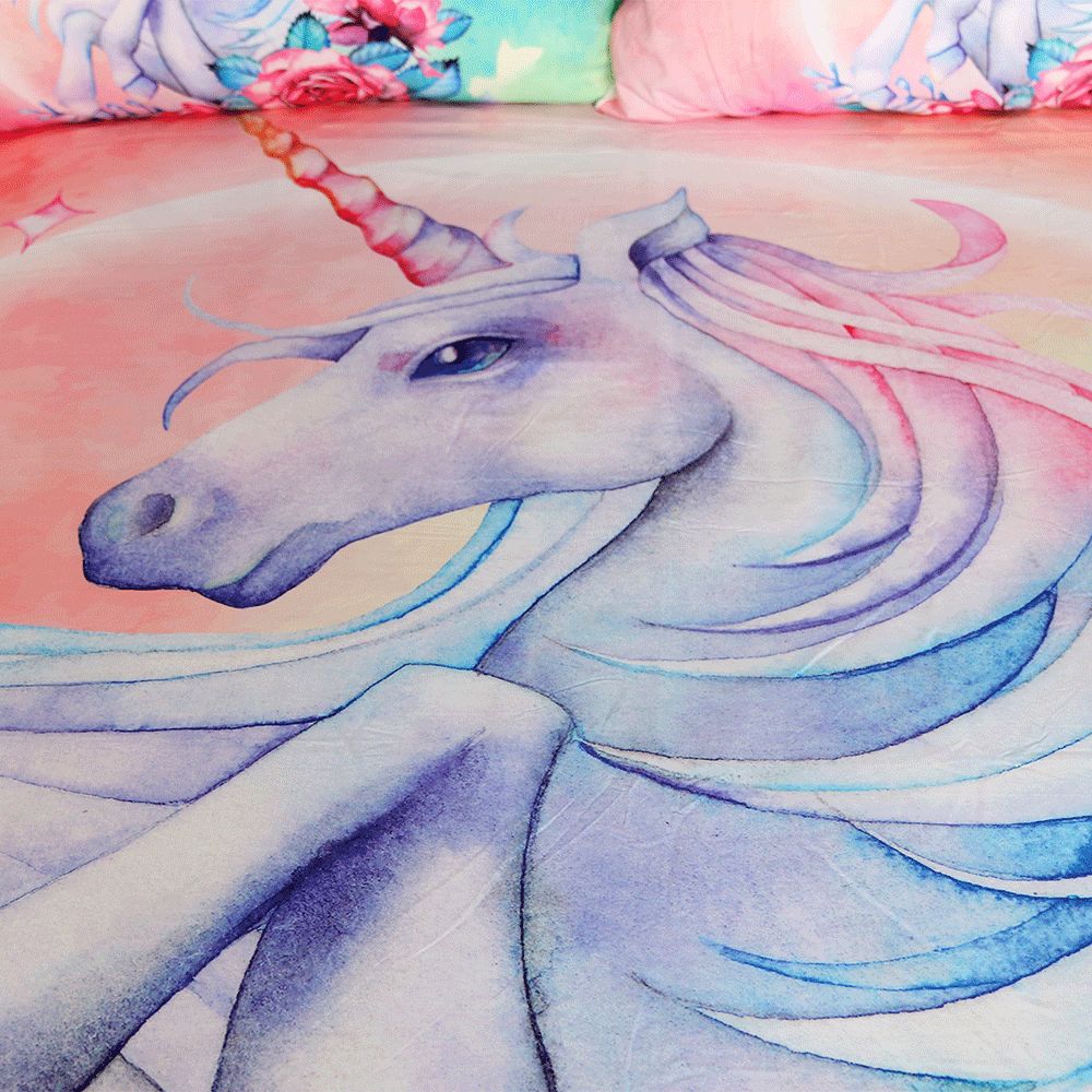 BeddingOutlet Unicorn and Rose Bedding Set Cartoon for Kids Duvet Cover Girly Single Bed Set Pink and Blue Floral Home Textiles