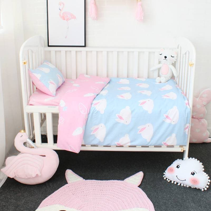 3Pcs Cotton Crib Bed Linen Kit For Boy Girl Cartoon Baby Bedding Set Includes Pillowcase Bed Sheet Duvet Cover Without Filler