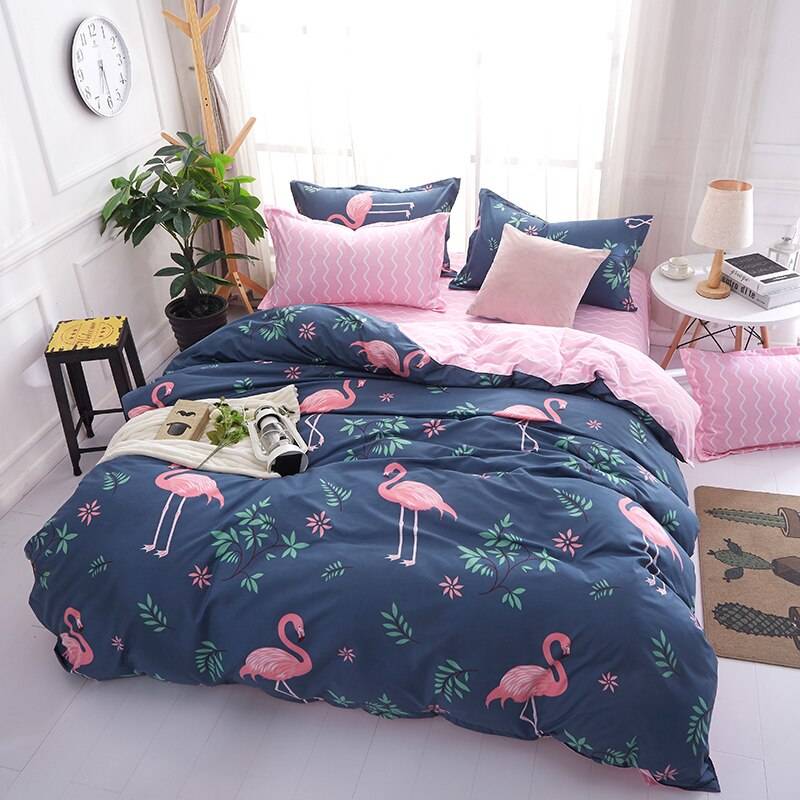 Dark Blue Pink Flamingo Bedding Set