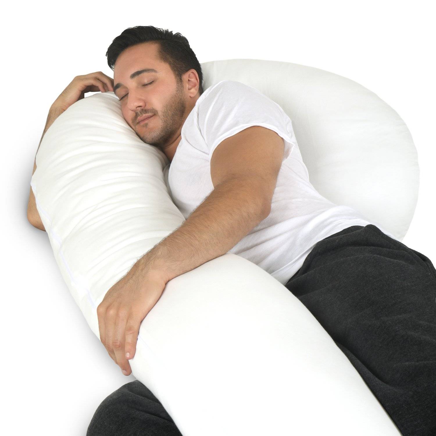 man sleeping with u-shaped body pillow