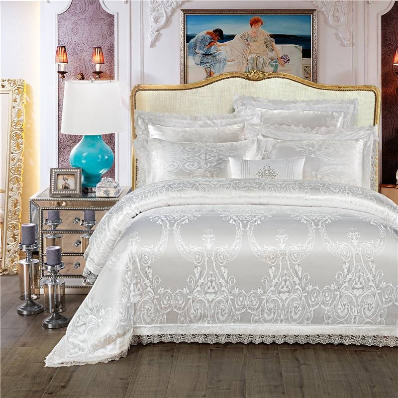 Ivory Wedding Bedding Set Jacquard Satin Silk Duvet Cover