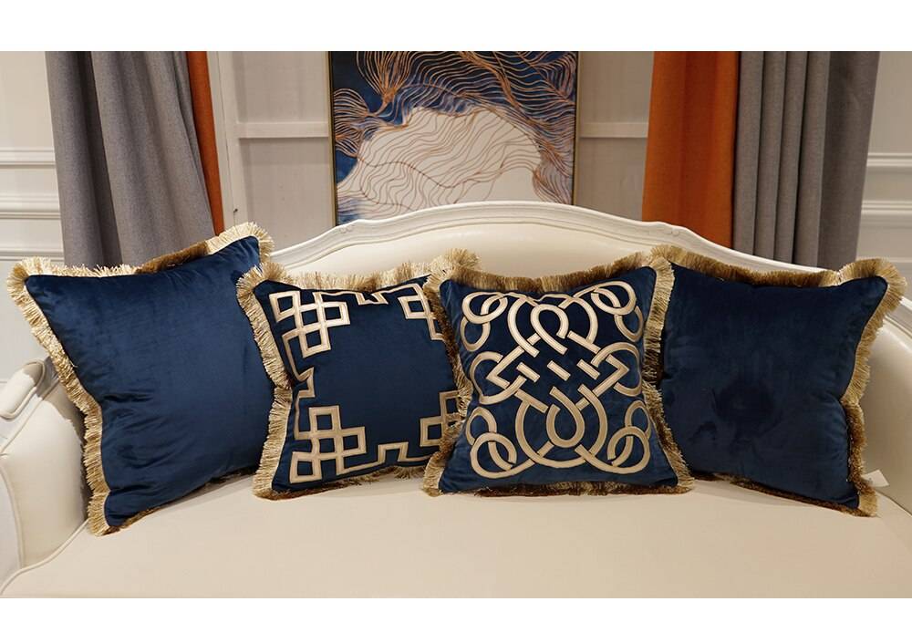 Luxury Embroidered Cushion Covers Velvet Tassels Pillow Case Home Decorative European Sofa Car Throw Pillows Blue Brown