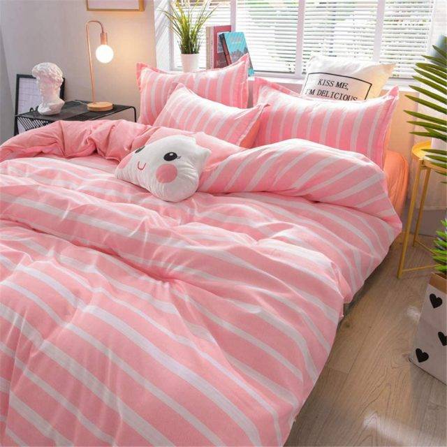 pink and white striped duvet