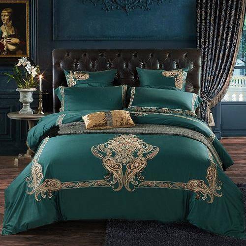 Azure Egyptian Cotton Gold Embroidered Luxury Royal Bedding Set Color: 5 Size: Queen 4Pcs|King 4Pcs|Queen 6Pcs|King 6Pcs Azure Egyptian Cotton Gold Embroidered Luxury Royal Bedding Set Luxury Duvet Covers