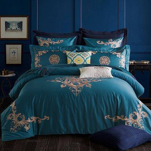 Azure Egyptian Cotton Gold Embroidered Luxury Royal Bedding Set Luxury Duvet Covers