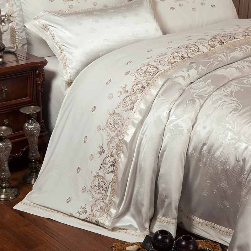 Silver Gold Satin Embroidered Duvet Cover Luxury Bedding Set