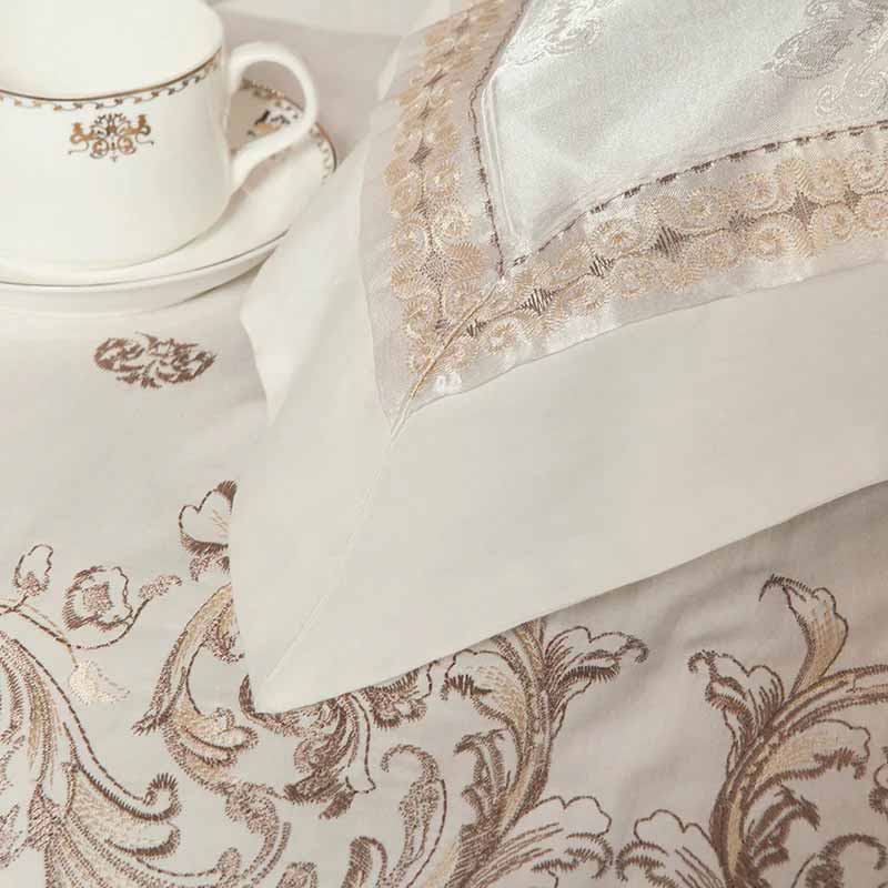 Silver Gold Satin Embroidered Duvet Cover Luxury Bedding Set