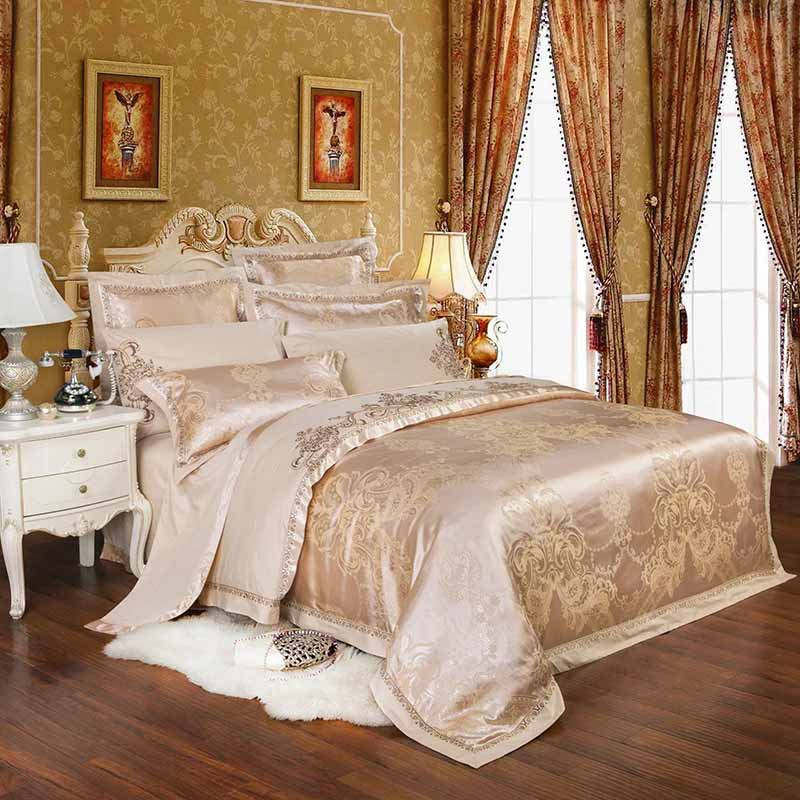 Silver Gold Satin Embroidered Duvet Cover Luxury Bedding Set