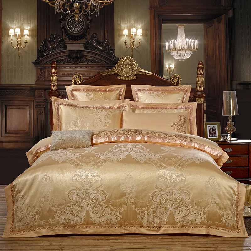 Silver Gold Satin Embroidered Duvet Cover Luxury Bedding Set
