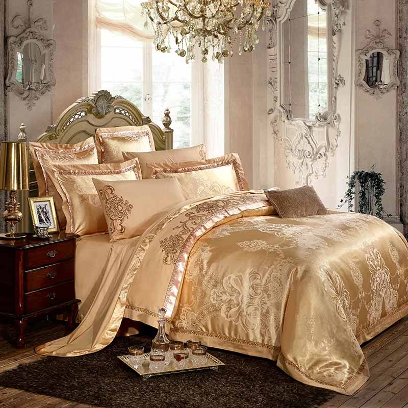 Silver Gold Satin Embroidered Duvet Cover Luxury Bedding Set