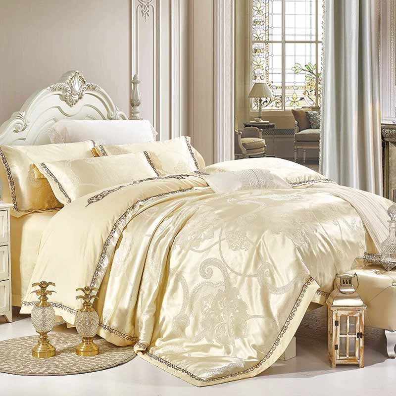Silver Gold Satin Embroidered Duvet Cover Luxury Bedding Set