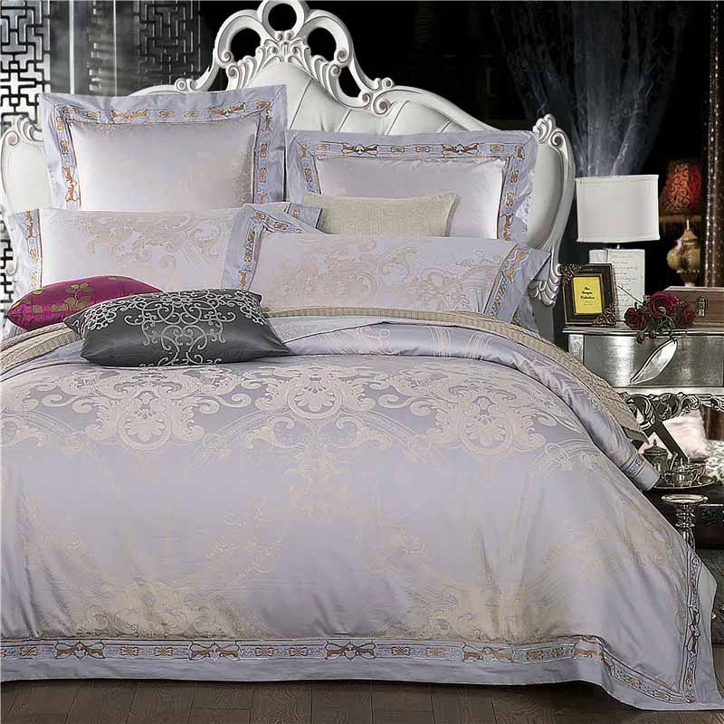 Silver Gold Satin Embroidered Duvet Cover Luxury Bedding Set